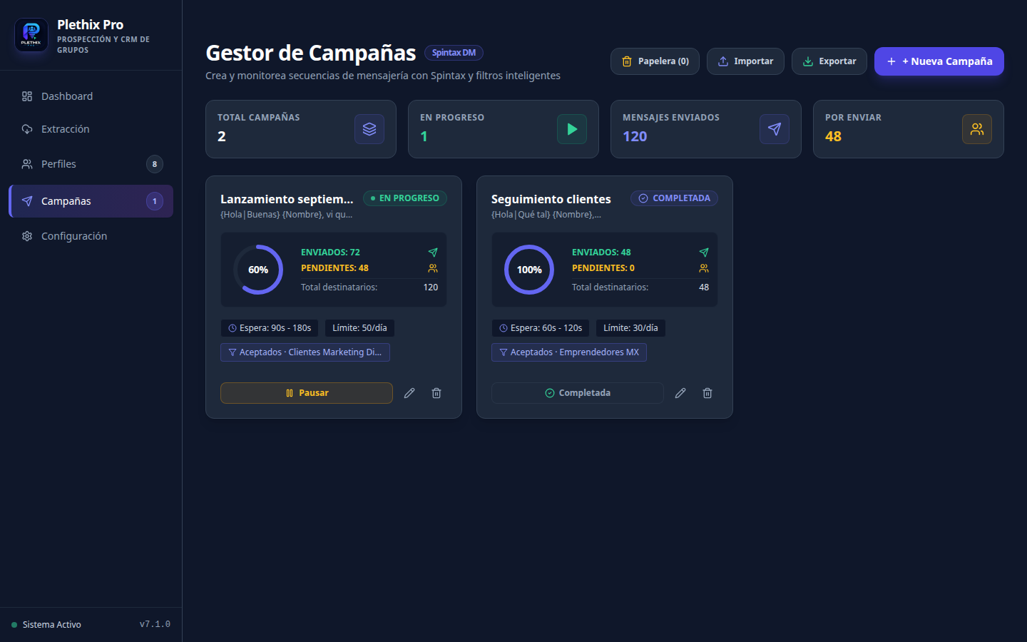 Vista de campañas con el progreso, el rango de espera, el límite diario y el grupo de origen.